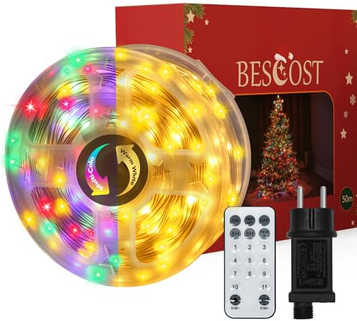 BESCOST Catena Luminosa Esterno 30M 300LED Bianco Caldo & Multicolore, RF Telecomando 11 Modalità Timer, IP65 Impermeabile, Luci Decorative Giardino Balcone Matrimonio Terrazza Gazebo