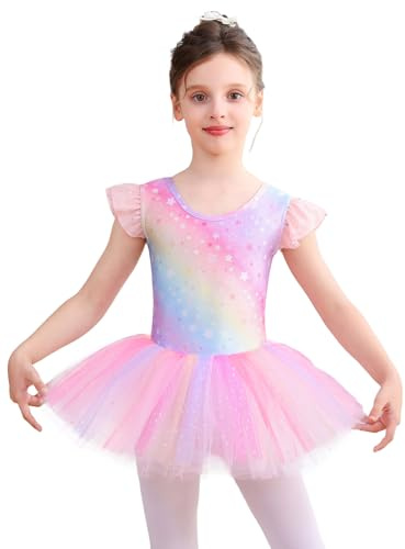 Bezioner Ballet Dress Sparkling Tutus for Girls Printed Ballet Outfit Layered Short Ruffle Sleeve Dance Leotard with Skirt Rainbow 110(3-4 Years,100-110 cm)
