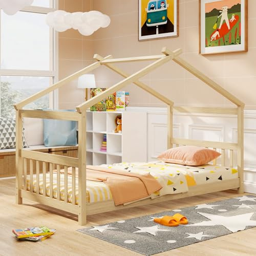 Giantex House Bed Twin, Solid Wood Kids House Bed with Roof, Headboard and Footboard, Low Floor Twin Bed Frame for Kids Teens Girls Boys, No Box Spring Needed, Natrual