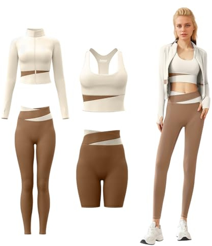 ZiaWorld Ensemble d'entraînement yoga 4 pièces pour femme avec veste à manches longues à fermeture éclair, leggings de yoga fitness, soutien-gorge de sport rembourré pour course à pied fitness