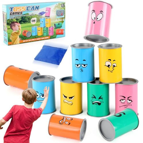 Bean Bag Toss Game - Bean Bags Throwing | Tin Can Alley Game | Funny Face Bag Knockdown With LED Lights | 10 Jars 6 Sandbags | Indoor And Outdoor Sports Toss Throwing Activities Interactive Funny Toy