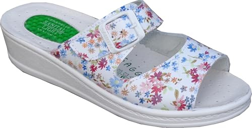 Sanital Light 1363 Ciabatte Donna in Pelle, Soletto Anti-Shock, Zeppa 4cm, Punta Aperta, Suola Leggera, Fibbia Regolabile, Made in Italy, FIORI 39