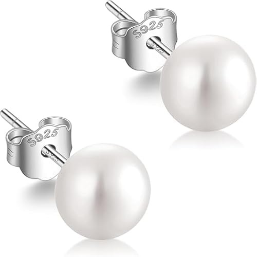 JaruJaru Small Freshwater Button Pearl Stud Earrings-6mm, S925 Sterling Silver, Near-round Flatback, Hypoallergenic Minimalist Earrings for Sensitive Ears, Comfort Sleep Earrings