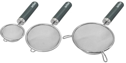 Zenker Set of 3 Sieves, Small 7cm, Medium 10cm, Large 14cm, Stainless Steel | Versatile, Fine Mesh Strainers for Sifting, Dusting Icing and Straining Tea or Removing Lumps, Grey Plastic Handle