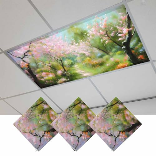 Fluorescent Light Covers, Spring Pink Green Magnetic Light Covers for Ceiling Lights, Pastoral Oil Painting Country Flowers Fluorescent Ceiling Shade Filters for Classroom Bedroom Office 4x2Ft x 3PCS