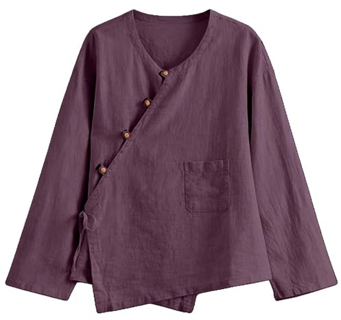 Women Tops V Neck Linen Shirts with Pocket Long Sleeve Crossed Collar Blouses Plain Colour Frog Button Shirt Vintage Chinese Style Slant Front Tops Kung Fu Tai Chi Tang Suit Shirt