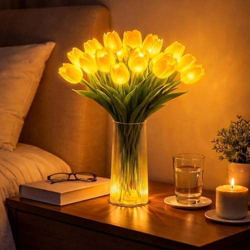 Radiant Romantic Tulip Night Light,15 PCS Twinkling Artificial Flower Shaped Ambient Night Lamp,Women LED Lighted Tulips Tree that Never Fade for Bedroom Bedside Bouquet Decor (Yellow(Without Vase))