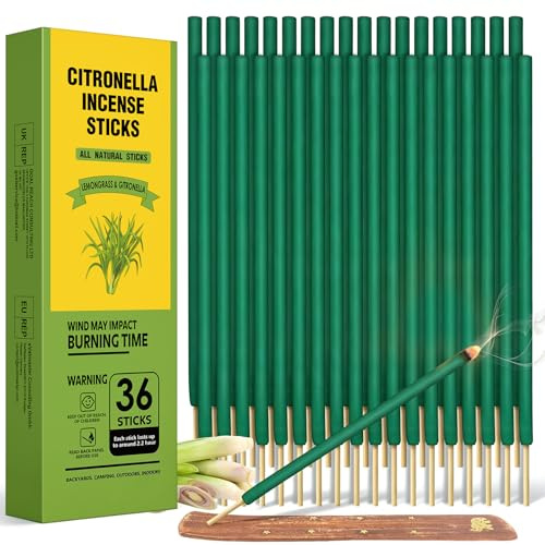 Citronella incense sticks 36 pieces XXL, 2.2 hours burning time per stick,natural citronella essential oil,incense sticks for summer, garden,patio,balcony, picnic, camping,table,Travel,BBQ,Backyards