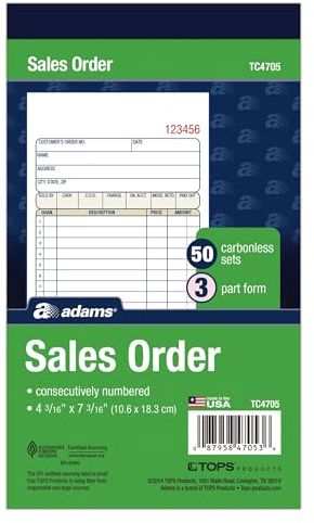 Adams Sales Order Book, 3-Part, Carbonless, 4-3/16 X 7-3/16 Inch, 50 Sets, White, Canary and Pink (TC4705)
