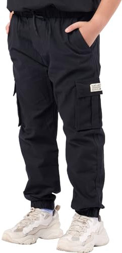 NATUST Jungen Cargohose Kinder Freizeithose Jogginghose Jungs Cargo Hose mit Elastischem Bund Schwarz 170/176