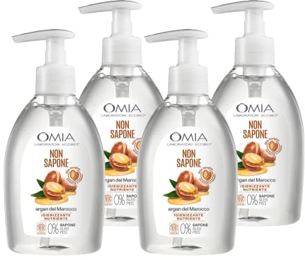 Omia, Non Sapone Eco Bio con Olio di Argan del Marocco, Sapone Liquido per le Mani e per il Viso, Azione Elasticizzante, Protettiva e Nutriente, Dermatologicamente Testato - 4 Flaconi da 300 ml
