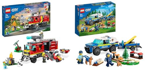 LEGO 60374 City Fire Command Unit Set & 60369 City Mobile Police Dog Training Set, SUV Toy Car with Trailer, Obstacle Course and Puppy Figures, Animal Playset for Boys and Girls Aged 5 Plus