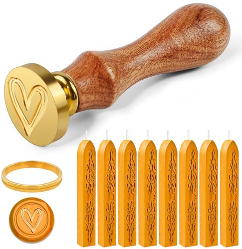 Furuising 8 Stück Siegelwachs Gold, Retro Siegelwachs Set, Siegellack mit Dochten, Wachssiegel Stempel Set mit 1 Herz Siegelstempel, 1 Formen für Hochzeit Einladungen, Karten, Umschläge, Geschenk