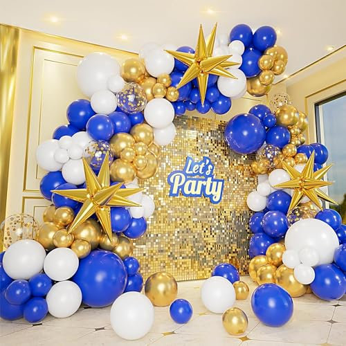 255Pcs Royal Blue White Gold Balloon Garland Arch Kit with Explosion Star Foil Balloons,5/10/12/18inch Blue Gold Confetti Latex Balloons for Graduation Anniversary Birthday Party Decorations