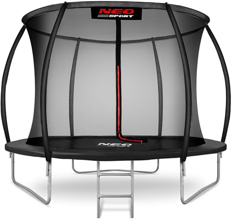 Neo-Sport Trampolino da giardino per bambini, rete di sicurezza interna, aste imbottite, resistente alle intemperie, antiruggine, portata fino a 150 kg, rosso, nero, 312 cm
