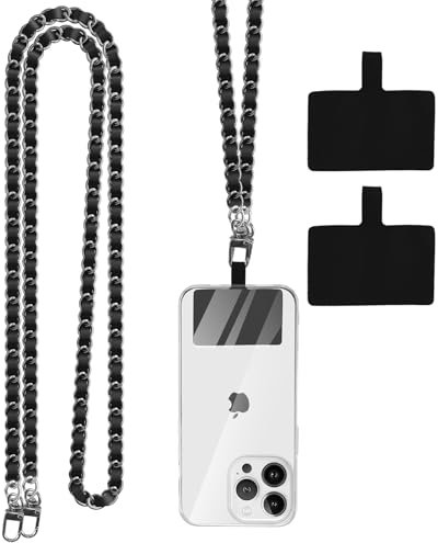 Coiwxmoi Cordón de Cadena para Teléfono Móvil para el Cuello, Metal Correa Universal para Teléfono Móvil con Parches Compatible la Mayoría de Las Fundas de Teléfono para Niña Mujer, Negro Plata