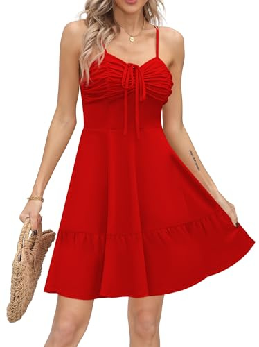 Missufe Vestido corto de verano para mujer, tirantes delgados, sin mangas, con cordón, volantes, swing, rojo, L