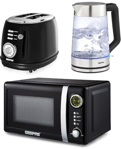 GEEPAS Electric Kettle 2 Slice Bread Toaster & Microwave Kitchen Set | 1.7L Rtrovive Kettle 3000W | 2 Slice Toaster with 6 Level Browning Control, 850W| 700W Digital Microwave 20L, Black
