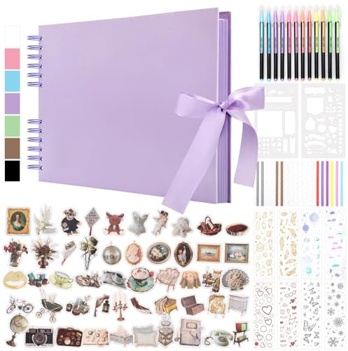 DazSpirit DIY Scrapbook Photo Album with Ribbon, 80 Pages/40 Sheets Scrap Book Rectangle Hardcover Photo Book, With 12 Marker Pens & 7 Stickers, Ideal for Scrapbooking, Arts, Crafts and DIY, Purple