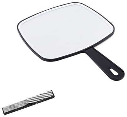 CUEMOON Handtag sminkspegel, frisör handspegel, kvadratisk, med handtag, bärbar sminkspegel, frisörhandspegel, svart, 18,8 x 26,4 cm