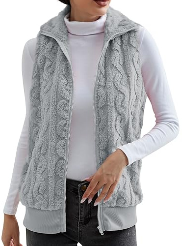 Chaleco de forro polar para mujer, chaleco resistente al viento con cremallera, chaleco doble grueso con cuello alto, chaleco sin mangas para mujer, gris, XXL