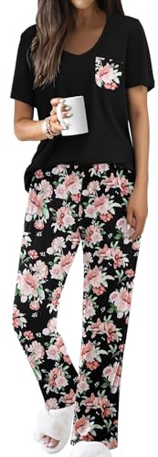 Famulily Black Pyjamas for Women Classic Loose Short Sleeve Pjs Set with Pockets Soft Nightwear XXL