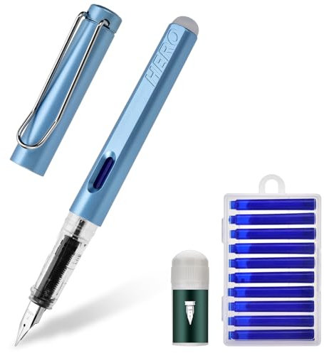 LVZONGXIN Radierbarer Füllfederhalter, Feder in Sträke F, Füller mit radierbarer, blauer Tinte I inkl. 10 Patrone + 1 Feder-Pflegeset I Schreiben, radieren & korrigieren in einem (Blau)