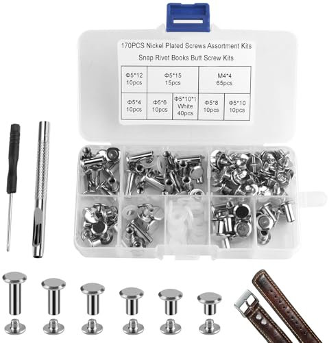 Chicago Lot de 170 vis de liaison pour cuir M5 x 4/6/8/10/12/15 mm Rivets creux avec outil de montage Accessoires de poche pour cuir, bricolage, vaisselle, portefeuille, artisanat, col, bagages
