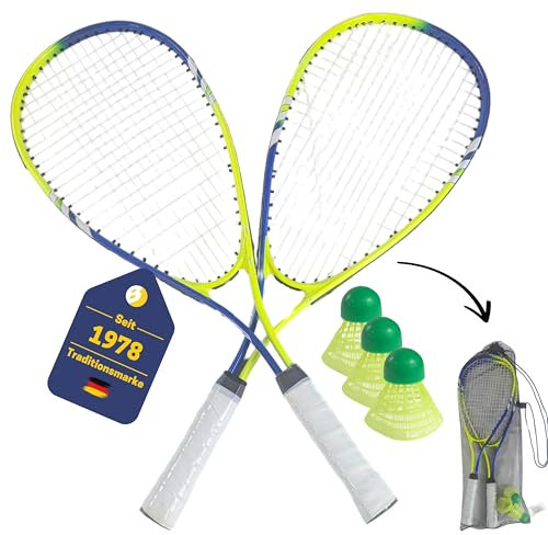 BEST SPORTING Power Badminton-Set I Federball-Set mit 2 Schläger blau/grün & 3 neongelbe Bälle I Speed-Badminton Set Erwachsene & Kinder inkl. Tragetsche