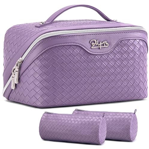 BOYATU Travel Makeup Bag Cosmetic Bags for Women: Large Capacity 3 Pcs Set Make up Bag with Compartments - Waterproof Vegan Leather Toiletry Organizer Bags with Handle (L01 Purple)
