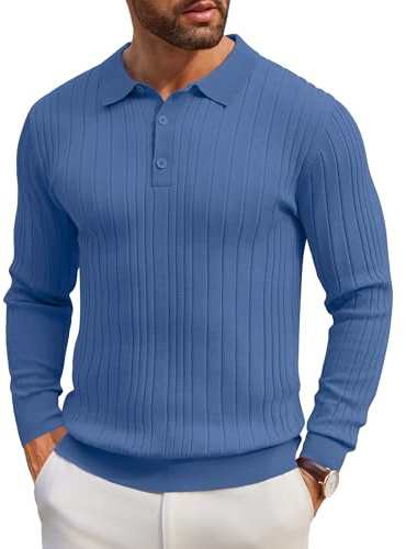 COOFANDY Men's Knit Polo Shirts Long Sleeve Casual Button Down Ribbed Polo Shirt Fashion Golf Shirts, Denim Blue, XXL