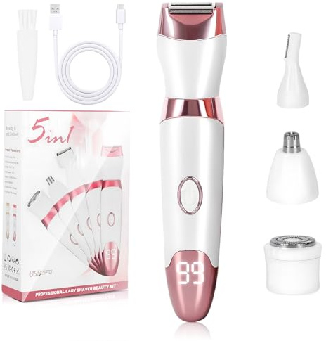 Electric Lady Shaver for Women, 5-in-1 Electric Razor Wet and Dry Use, Waterproof Rechargeable Bikini Trimmer, Portable Pain-Free Electric Razors for Face Nose Eyebrow Arms Armpit Legs Pubic Area