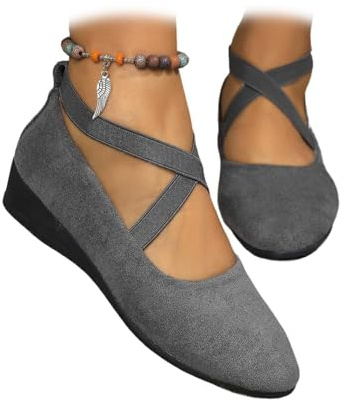 Balerina - Zapatos planos para mujer, elegantes, con correa entrecruzada, de cuña, elegantes, de gamuza, cómodos, sin cordones, con puntera redonda, zapatos de vestir, zapatos elásticos para bailarina