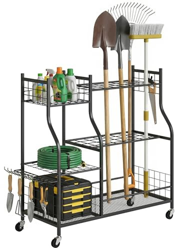 Outsunny Organizzatore di attrezzi da giardino in acciaio a 3 livelli, 32 scomparti, 4 ruote, 11 ganci, porta attrezzi da giardino per pale e rastrelli lunghi, nero