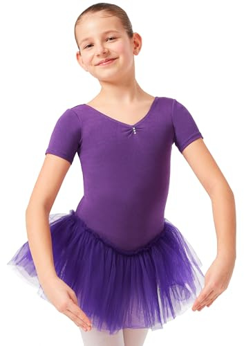 tanzmuster ® Ballettkleid Mädchen Tutu - Nele- aus weichem Baumwollstoff mit Glitzersteinen fürs Kinder Ballett Ballettbody Ballett Trikot, Lila 128-134