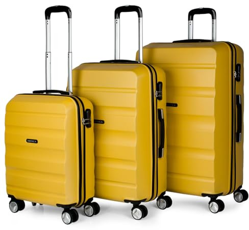 ITACA - Juego Maletas de Viaje rígidas Trolley con Candado de Combinación y 4 Doble Rueda 360° Set Cabina, Mediana, Grande Ligeras y Resistentes, Mostaza