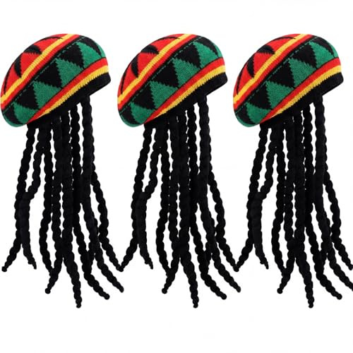 SATINIOR 3 Paquet Bonnets Rasta avec Perruque Noire Perruque Rasta avec Bonnet pour Accessoire de Costume