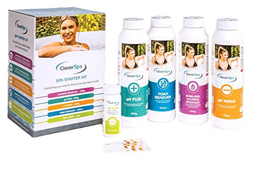 CleverSpa Universal Spa Natural Chemical Outdoor Hot Tub Starter Kit with Stabilizing Granules, Foam Remover, pH Minus, pH Plus, & Dip Tests, (5 Pack)