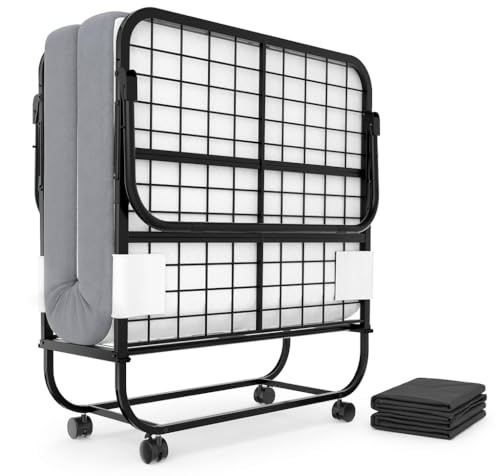 Karcog Rollaway Bed with Mattress for Adults, Folding Bed with Memory Foam Mattress and Sturdy Metal Frame, Cot Size Portable Guest Bed on Wheels with Storage Cover, 75” x 31”