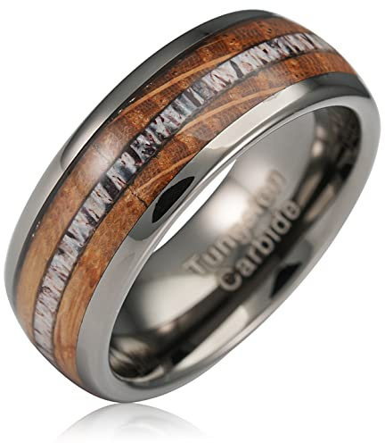 100S JEWELRY Gunmetal Gray Tungsten Rings For Men Whiskey Barrel Wood & Elk Anters Inlay Wedding Promise Engagement Band Size 6-16 (Gunmetal Gray, 9)