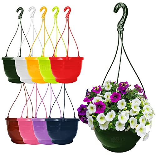 Elixir Gardens 25cm 6L Round Hanging Basket Pot Planter Many Colours to Choose From with Matching removable Hangers | Purple x 1