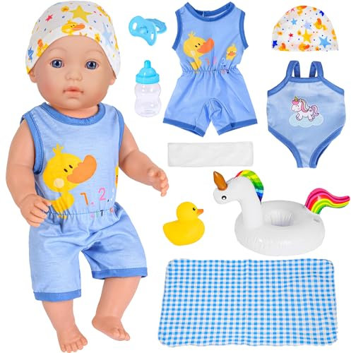 9-teiliges Zubehör-Set für Puppenkleidung mit Strampler, Bikini, Hut, Handtuch, Decke, Nippel, Flasche, Schwimmring, Entenspielzeug für 43 cm große Neugeborene Babypuppen (Keine Puppe)