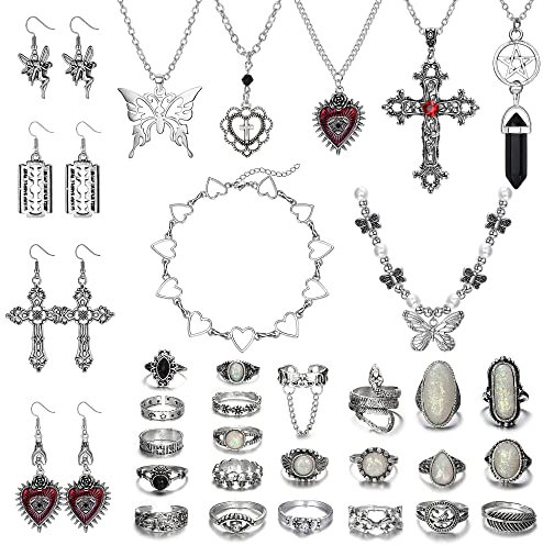 JeryWe 33 Stück Gothic Schmuck Set für Damen Herren Vintage SilberKette Ohrringe Fee Schmetterling Boho Kreuz Anhänger Herz Choker Goth Stapelbare Ringe Einstellbar Punk Grunge Y2K Schmuck