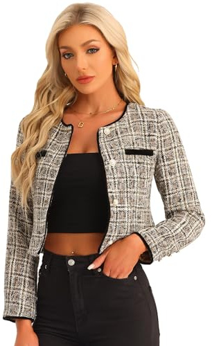Allegra K Veste en tweed pour femme décontractée col rond boutonné fermeture à l'avant manches longues Abricot M