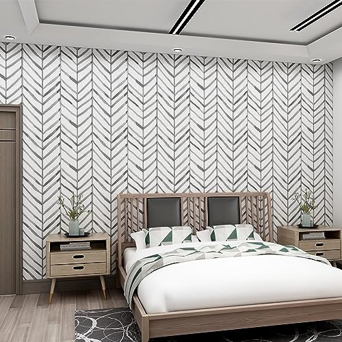 JOLIHOME Grano Marrón Aspecto Geométrico Papel Pintado Blanco Mate Autoadhesivo Papel de Contacto Rayas en Espiga Vinilo Extraíble Pegatinas de Pared para Dormitorio Oficina Decoración 44.5x500cm