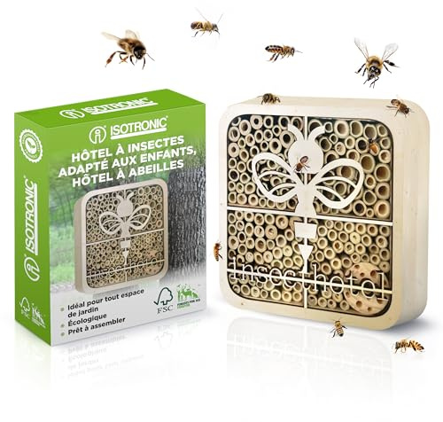 ISOTRONIC Insektenhotel aus Naturholz – Insektenhaus für Bienen, Marienkäfer & andere Insekten – Bambus Bienenhotel für Garten & Balkon – modernes Wabendesign (Biene)