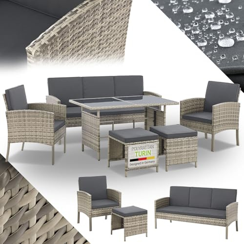 Juskys set di mobili da giardino Turin da 6 pezzi - Per 7 persone - Mobili da esterno con poltrone, sgabelli, tavolino e cuscini - Grigio