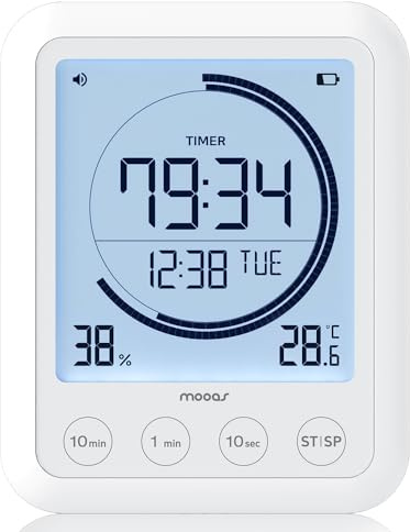 mooas Visual Shower Clock Digital Bathroom Shower Clock Waterproof Shower Timer, Temperature & Humidity, Large Backlit Display, Countdown Countup Productivity Timer for Kitchen & Bathroom