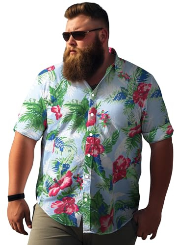 Weecreeture Big and Tall Men's Hawaiian Shirt - Short Sleeve, Tropical Floral Button Down Casual Summer Beach Shirt Cerulean Hibiscus 3X-Large Big Tall