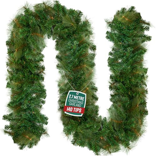 GloBrite Pine Christmas Garland 2.7m w/ 140 Tips - Plain Green - Realistic Cedar Pine, Indoor & Outdoor, Flexible & Adjustable, PVC Tips for Fullness - For Fireplace & Staircase Christmas Decorations